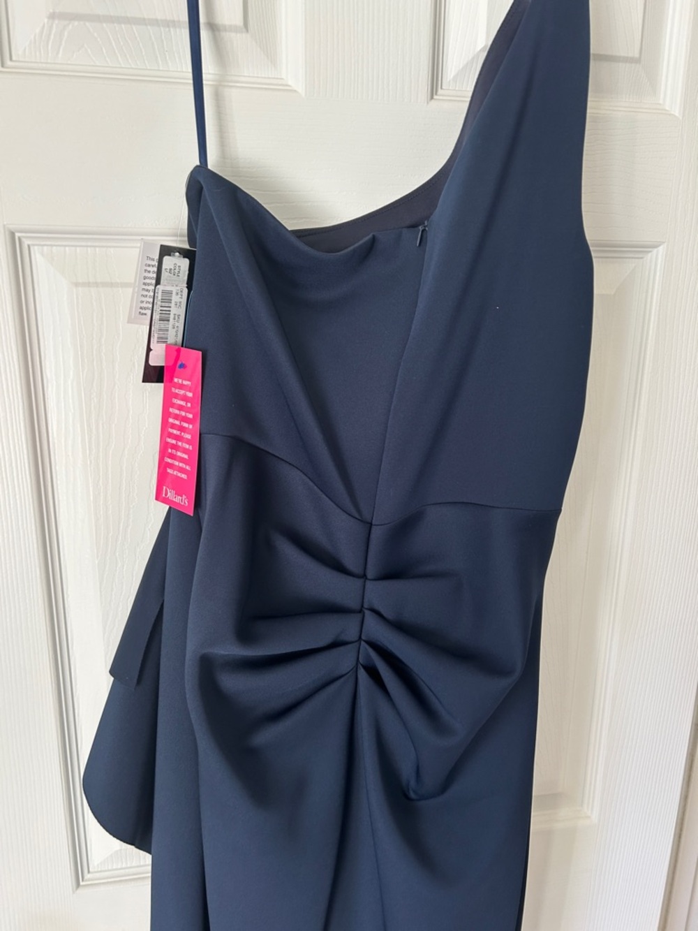 Xscape One-Shoulder Navy Ruffle Column Gown - Picture 9 of 11